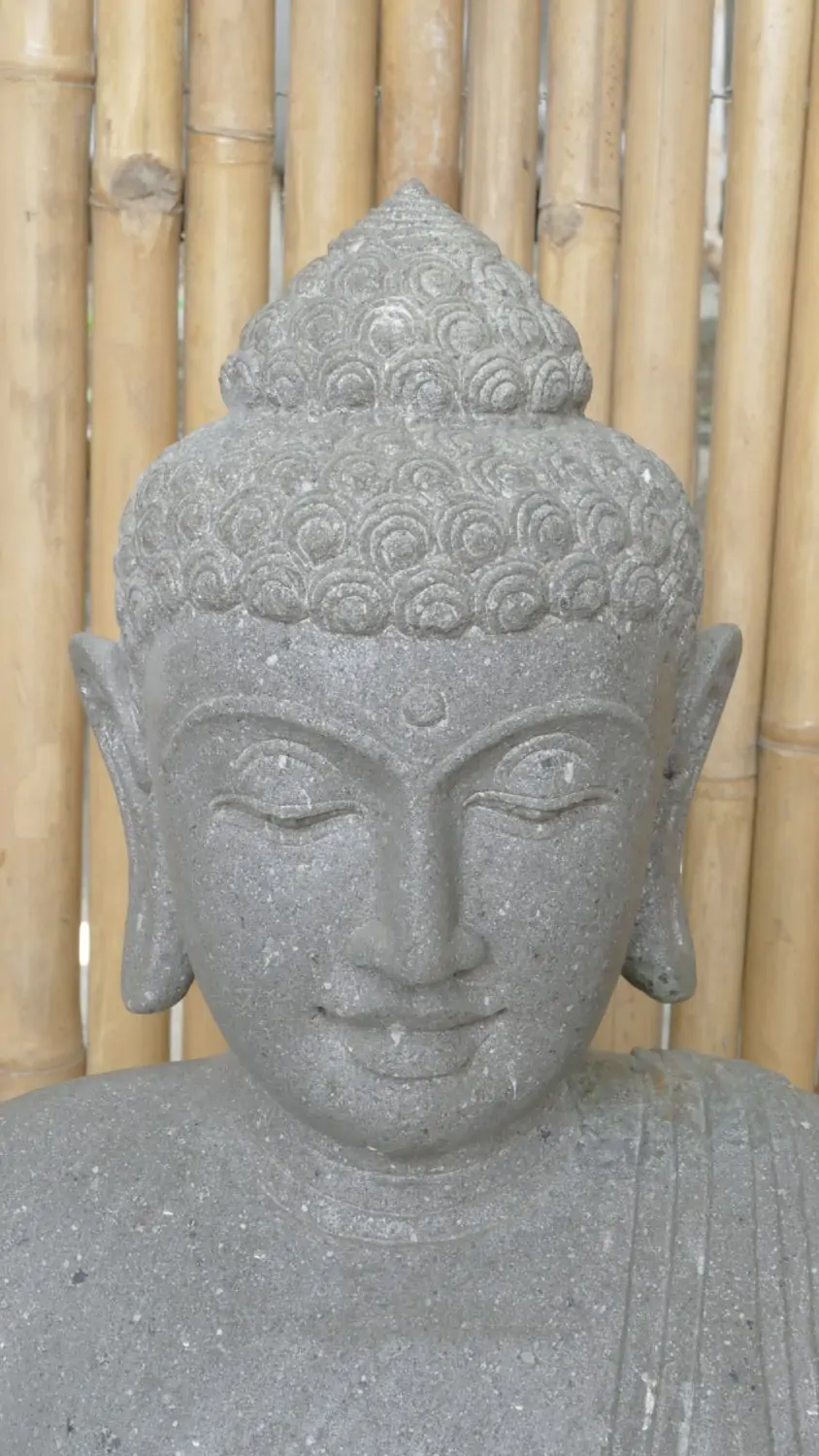  Product image 2 of the product “Seated Buddha made of Riverstone in Dharmachakra gesture of wheel of the teaching of the Dharma, H. 83cm. There is a stone eye on the left shoulder. ”